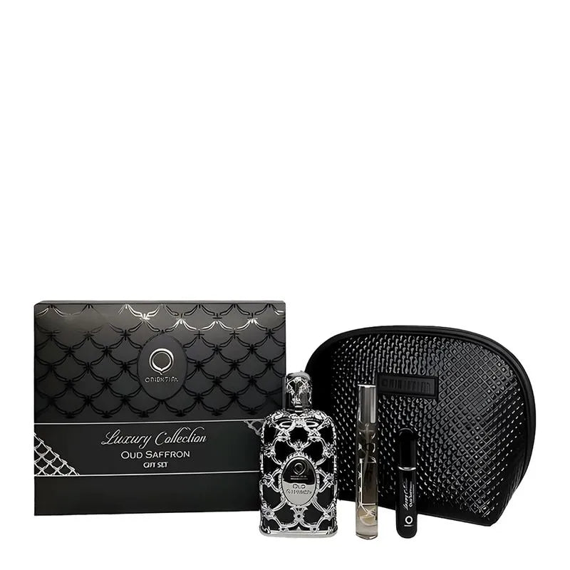 Kit Presente -  Orientica Oud Saffron Perfume Árabe Unisexx EdP 80ml + Miniatura 7,5 Ml + Atomizer + Necessaire