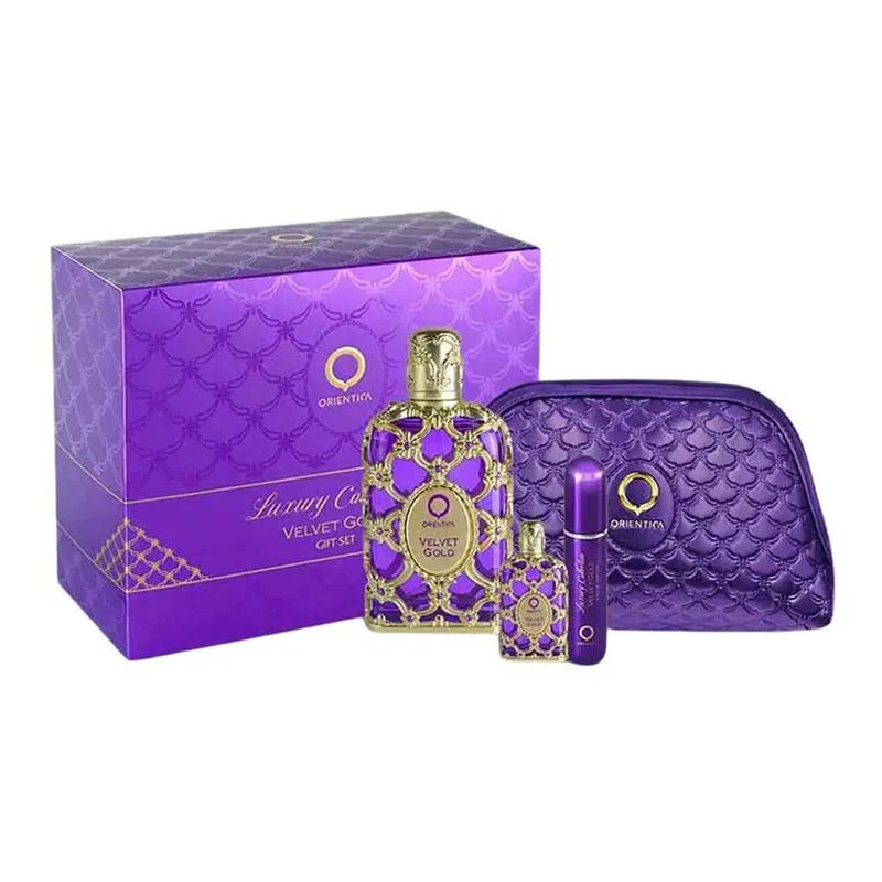 Kit Presente - Velvet Gold Orientica  Árabe Feminino EDP + Travel Size + Aromatizador + Nécessaire ROXO